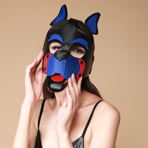 BDSM Bondage Dog Head Mask Black Red and Blue Clashing Colors