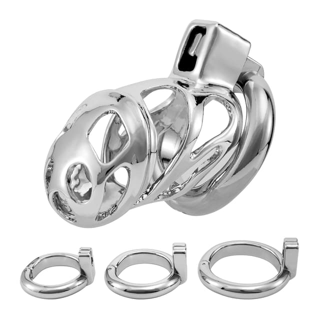 Zinc Alloy Chastity Cage with Triple Rings for Male Adults