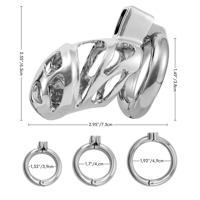 Zinc Alloy Chastity Cage with Triple Rings for Male Adults