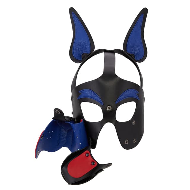 BDSM Bondage Dog Head Mask Black Red and Blue Clashing Colors